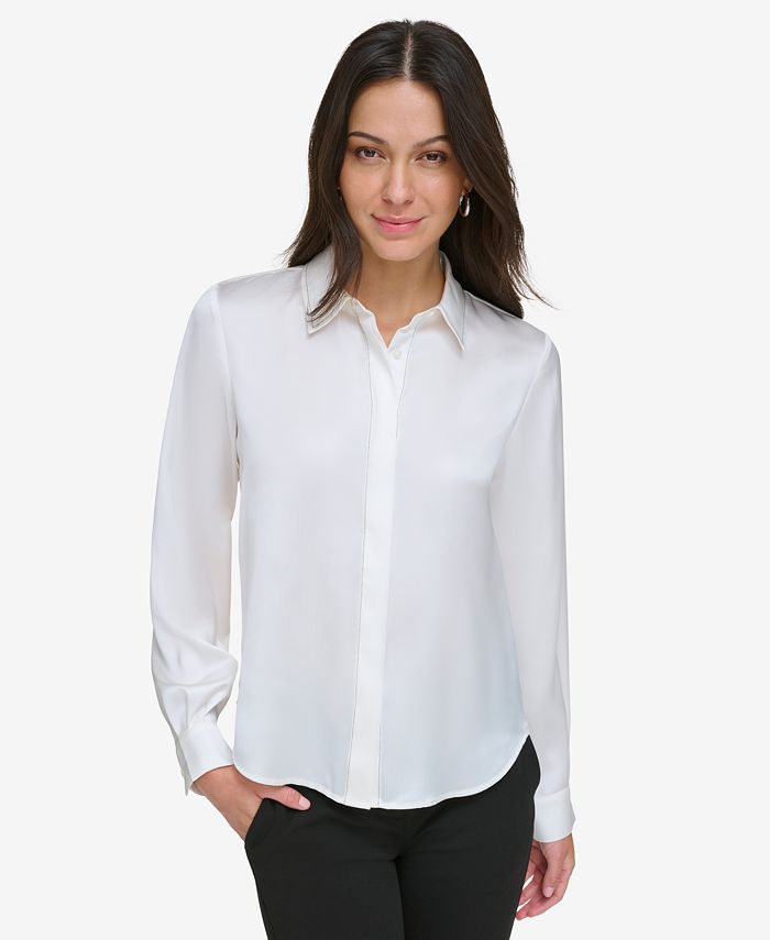 DKNY Petite Contrast-Stitch Point-Collar Shirt - Macy's