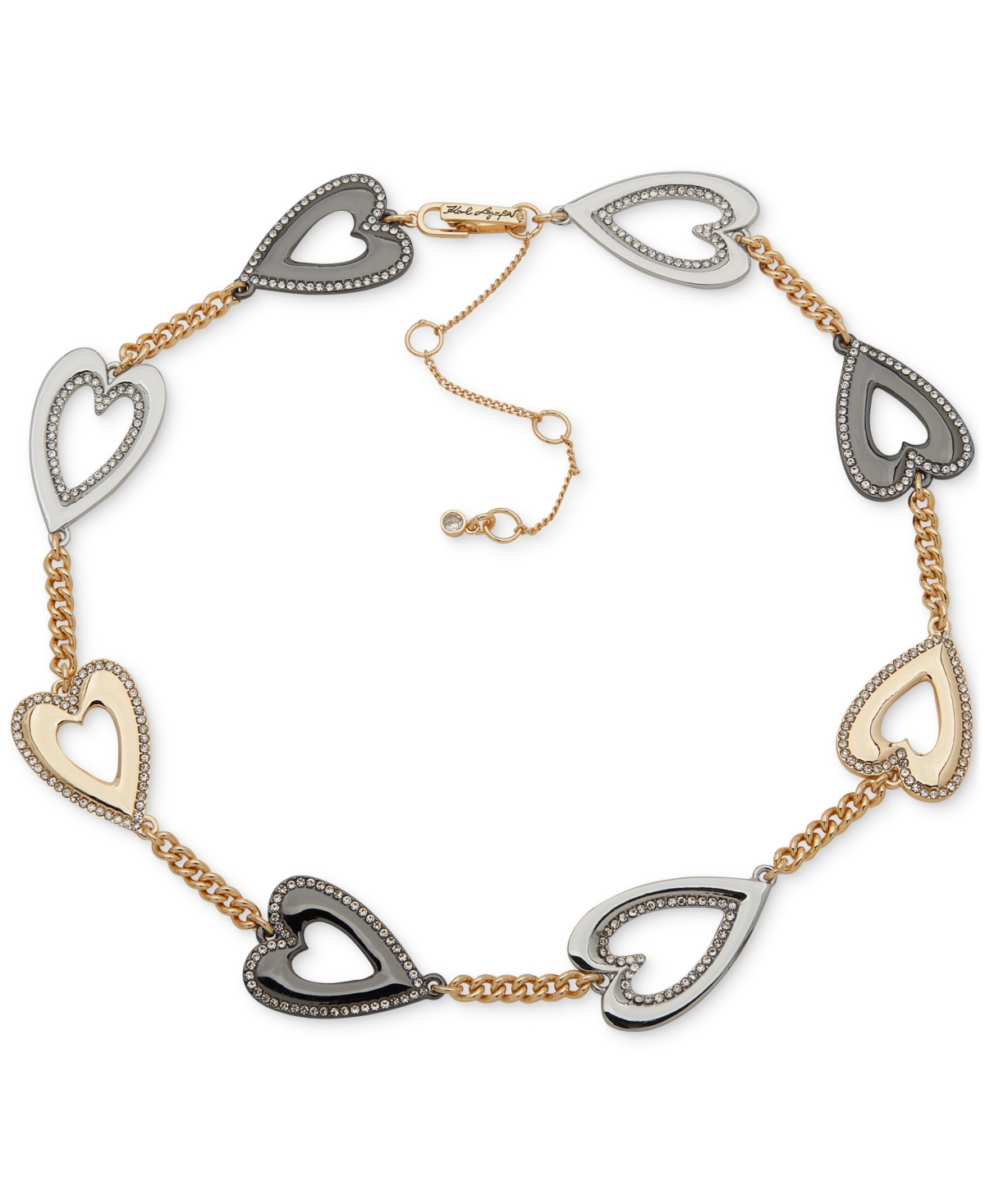 Tri-Tone Pave Heart Collar Necklace, 16" + 3" extender - Crystal