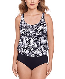 SWIM SOLUTIONS Women's Blue Patterned Stretch Tummy Control Lined Tiered  Adjustable Fixed Cups Scoop Neck One Piece Swimsuit 14 