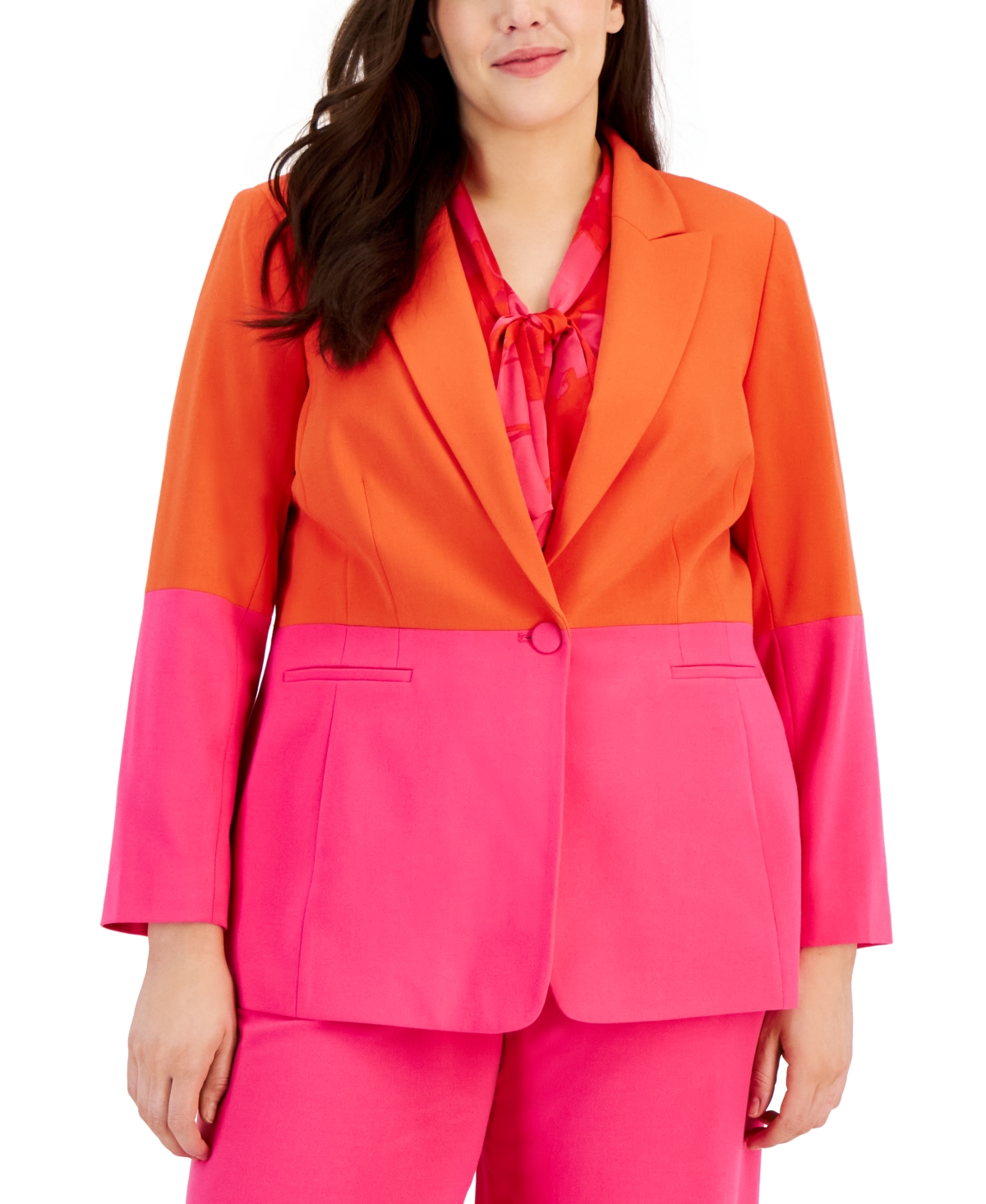 Shop Tahari Asl Plus Size Colorblocked Boyfriend Blazer In Hot Pink,tomato