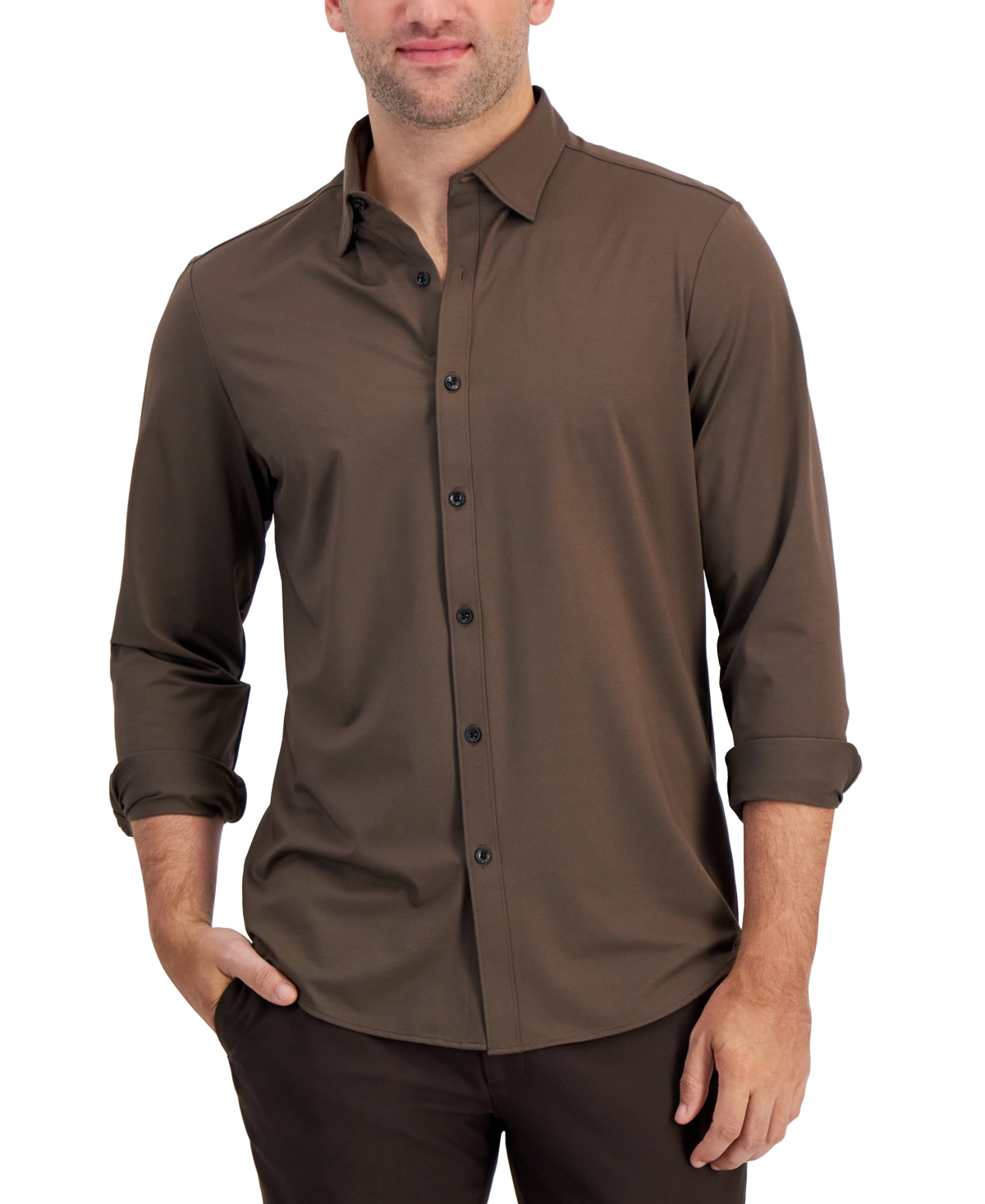 Alfani Men's Alfatech Yarn-dyed Long Sleeve Performance Shirt, Created For Macy's In Dill Seed