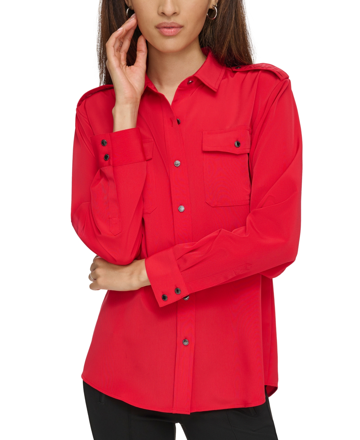 Karl Lagerfeld Women's Epaulette Button Up Shirt In Admiral Red
