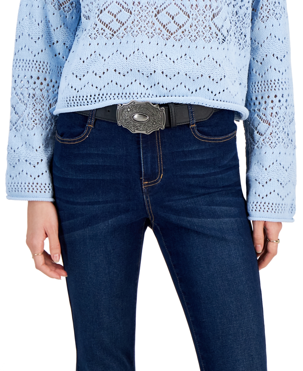 Dollhouse Juniors' High-Rise Belted Flare-Leg Jeans