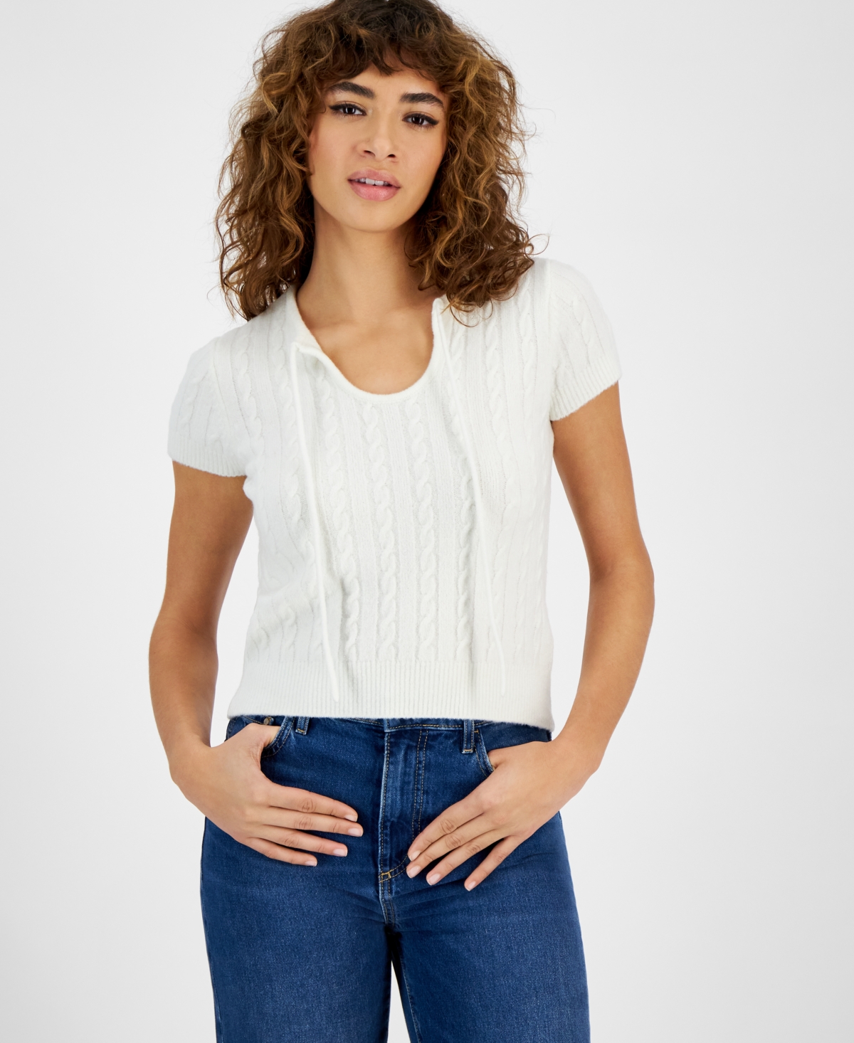 Guess Women's Mariana Cable-knit Short-sleeve Sweater In Dove White
