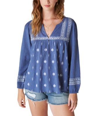 Lucky Brand Women's Embroidered Crinkled Cotton Top - Macy's