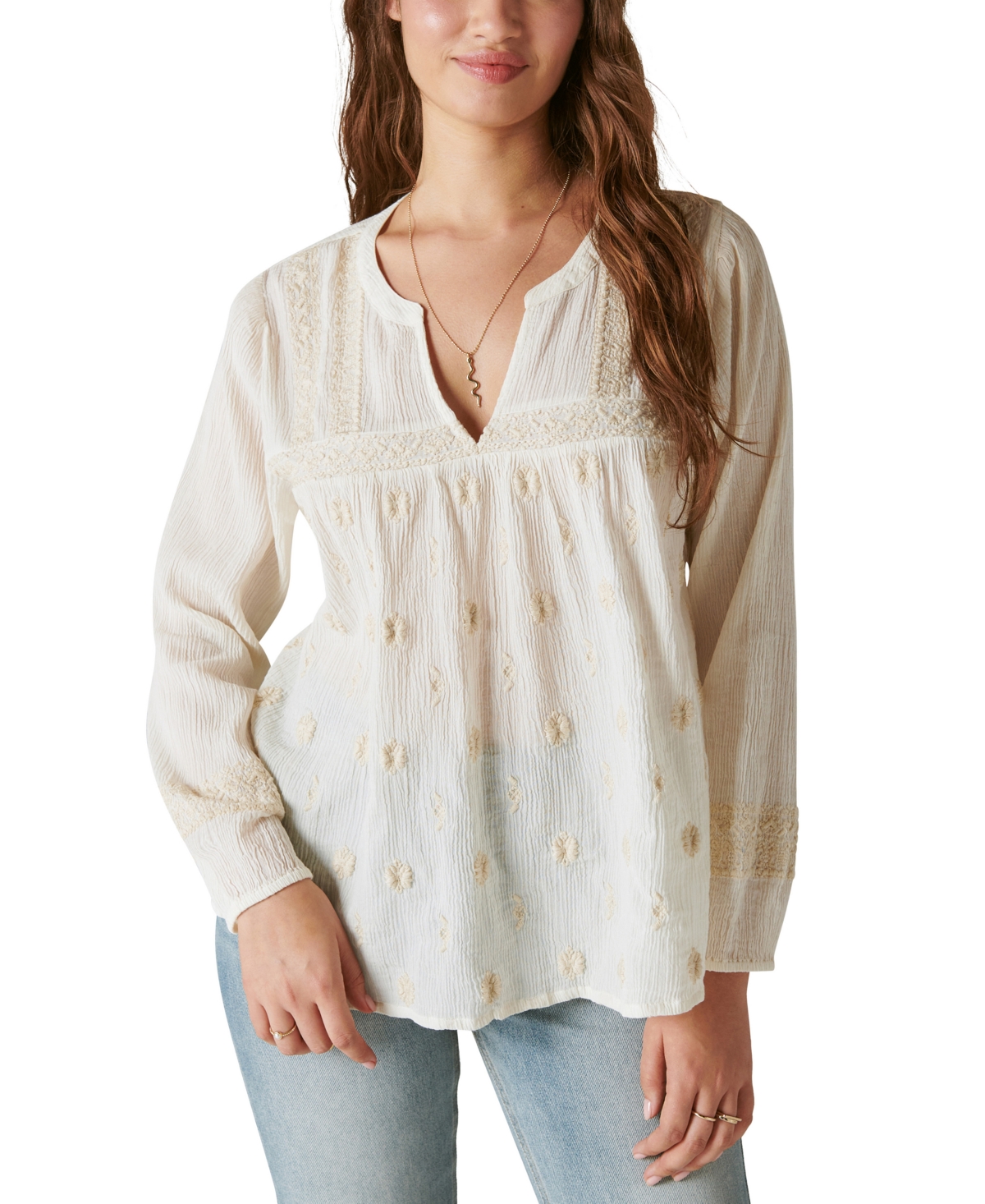LUCKY BRAND WOMEN'S EMBROIDERED CRINKLED COTTON TOP