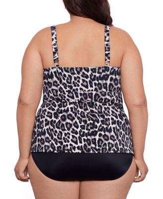 Shop Swim Solutions Plus Size Printed Triple Tier Tankini Mid Rise Tummy Control Swim Bottoms Created For Macys In Leaping Leopards