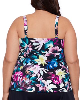 Swim Solutions Plus Size Floral-Print Tiered Tankini Top, Created for Macy's