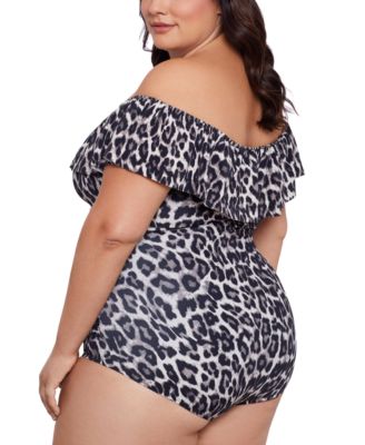 Plus Size Cheetah-Print Off-The-Shoulder One piece Swimsuit, Created for Macy's