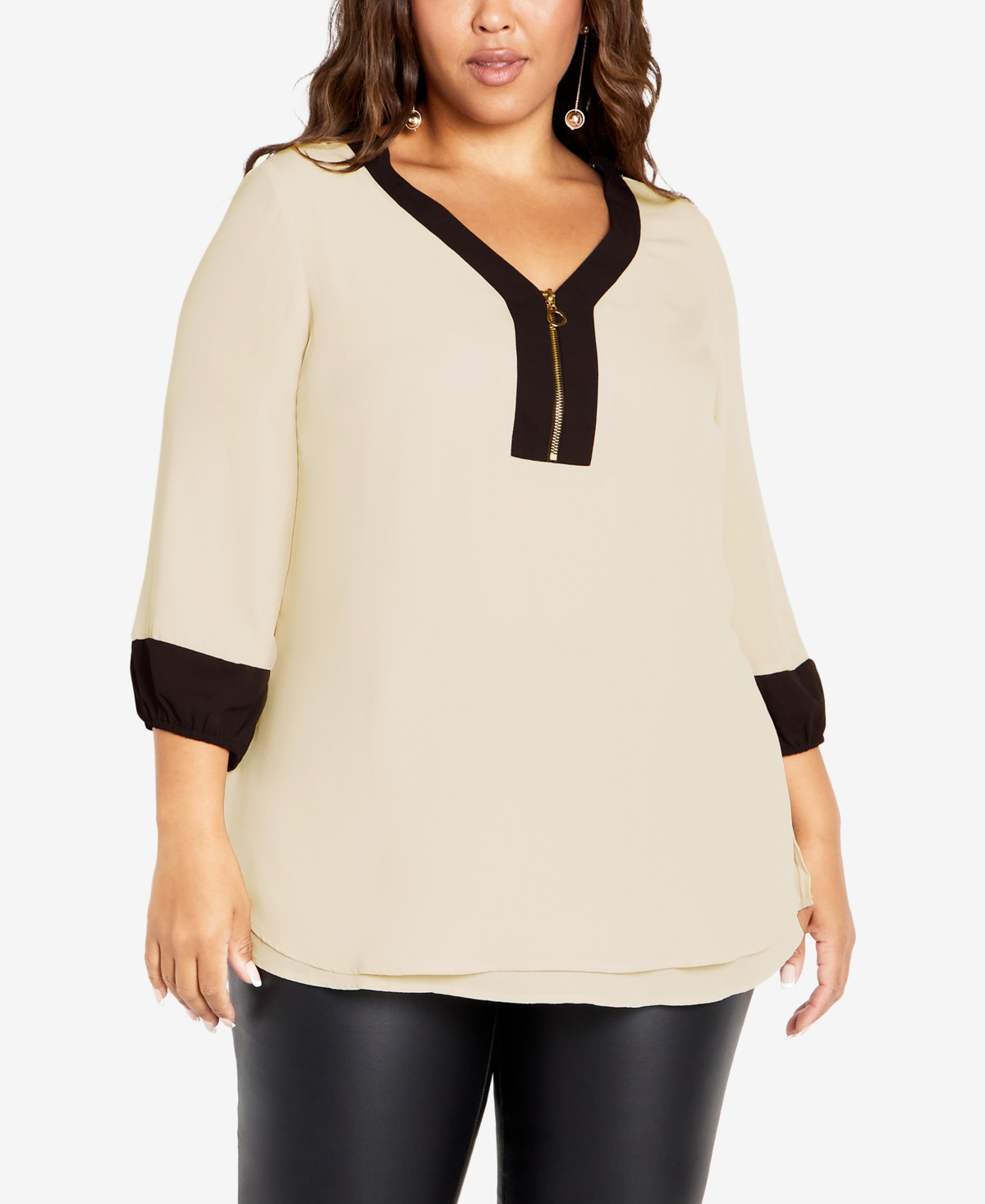 Avenue Plus Size Melinda V-neck Zip Front Shirt Top In Sand,black