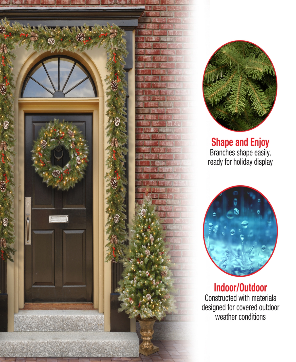 National Tree Company Frosted Berry Assortment- 2x Entrance Trees with Clear Lights + Wreath with Warm White Battery Operated Lights w/Timer +