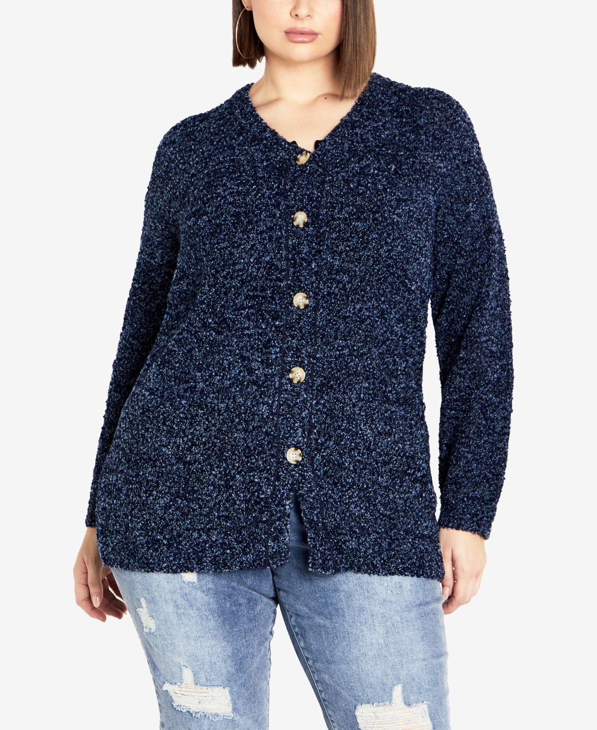 Avenue Plus Size Amber Boucle Cardigan Sweater In Blue Combo
