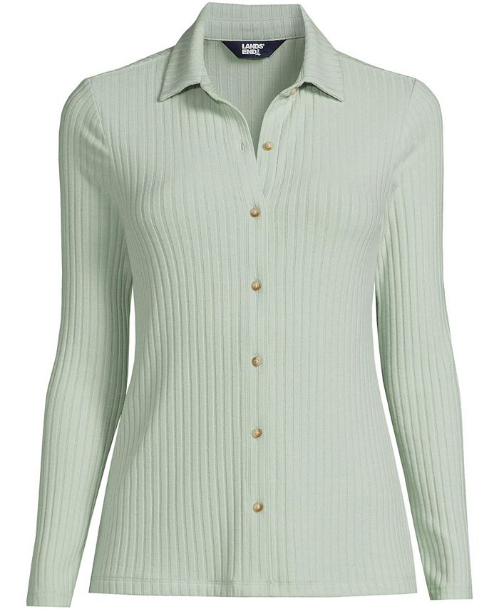Lands' End Women's Long Sleeve Wide Rib Button Front Polo Shirt Macy's