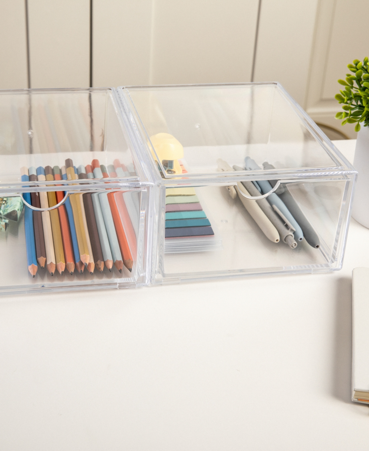 Martha Stewart Brody 2 Pack Plastic Stackable Office Desktop Organizer Boxes with Drawer,