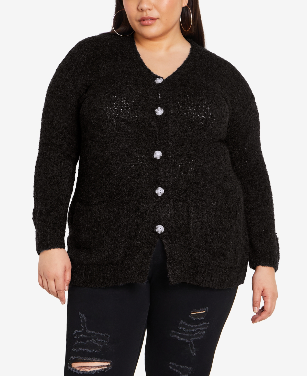 Avenue Plus Size Amber Boucle Cardigan Sweater In Black Combo