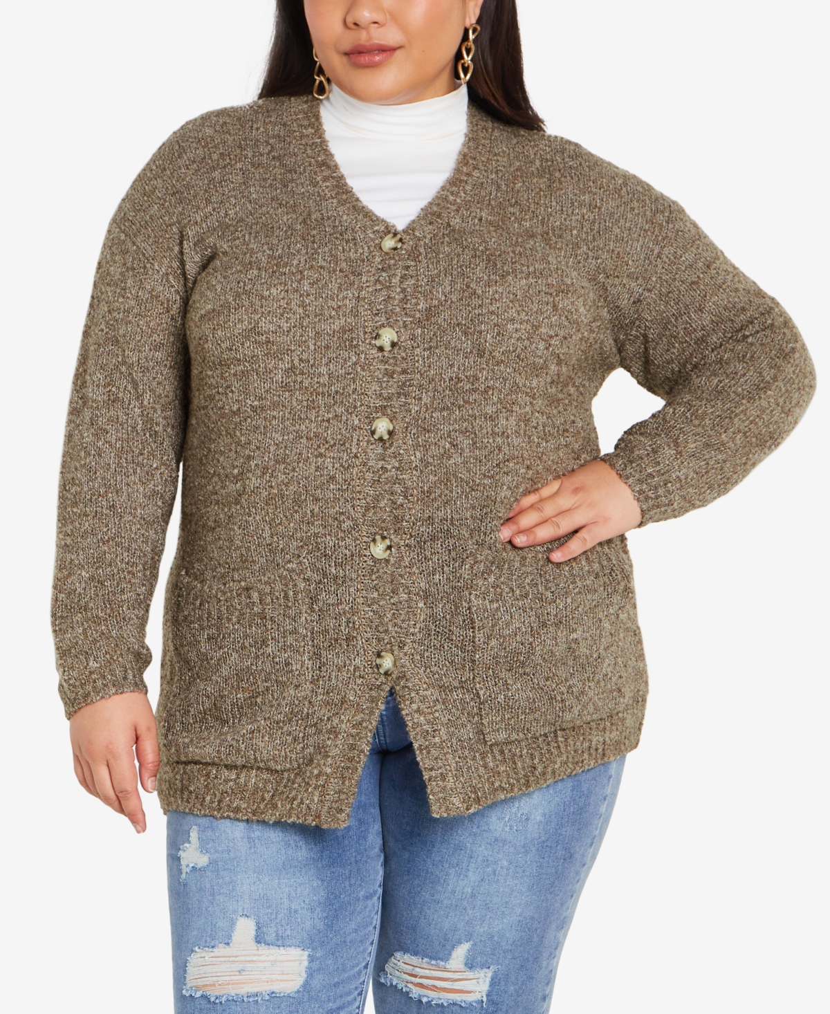 Avenue Plus Size Amber Boucle Cardigan Sweater In Beige Combo