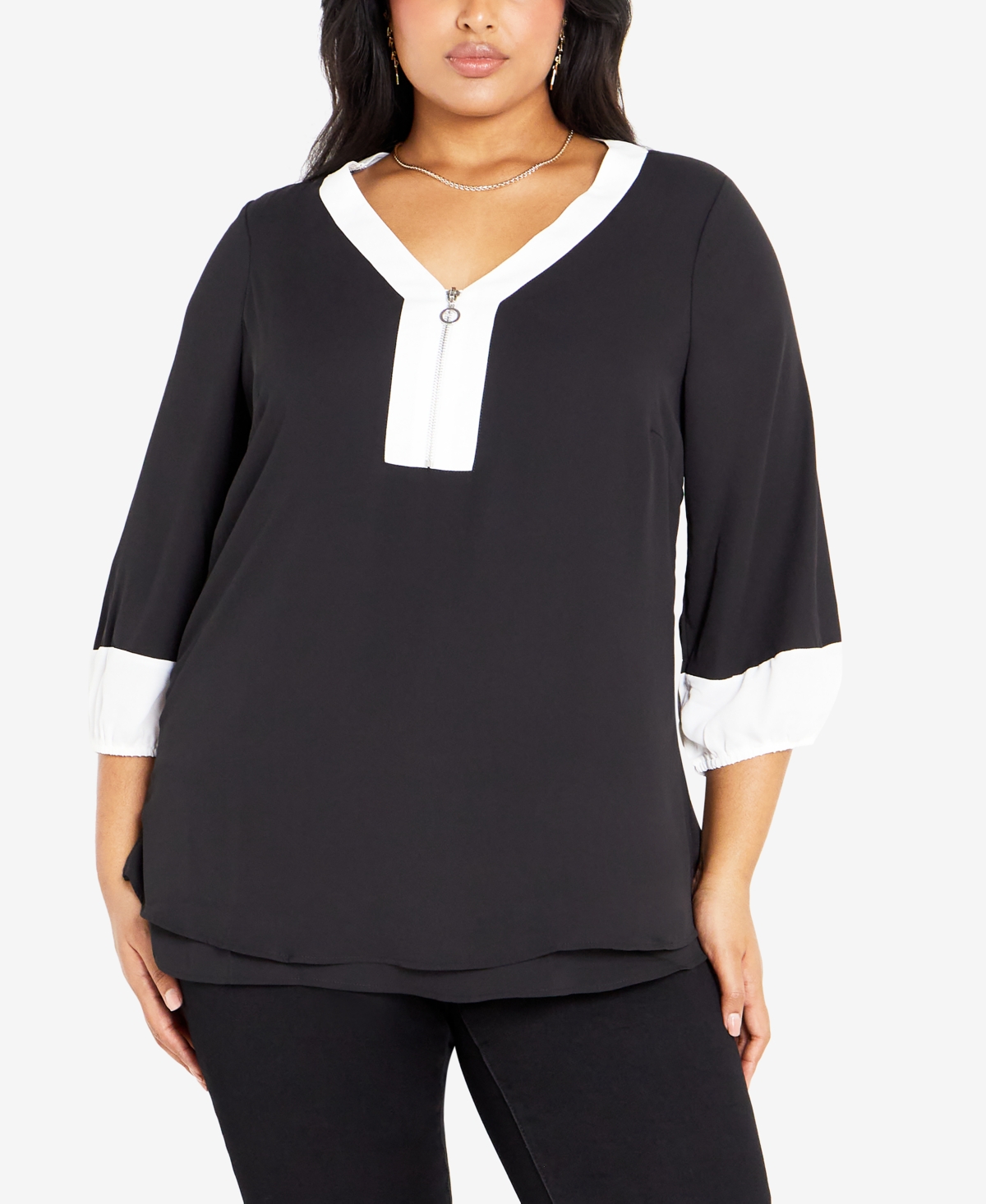 Avenue Plus Size Melinda V-neck Zip Front Shirt Top In Black,white