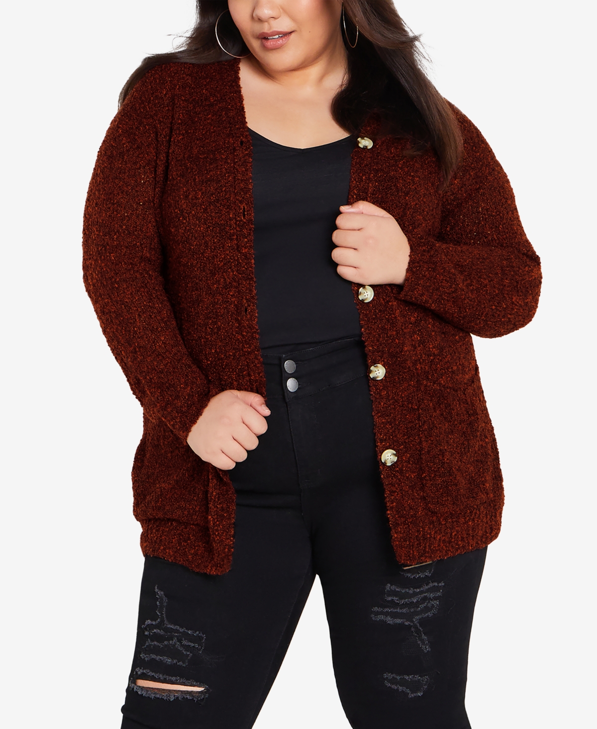 Avenue Plus Size Amber Boucle Cardigan Sweater In Bordeaux Combo