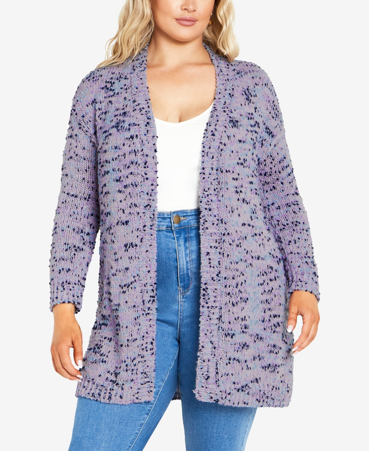 Avenue Plus Size Lia Popcorn Long Sleeve Cardigan Sweater In Lilac