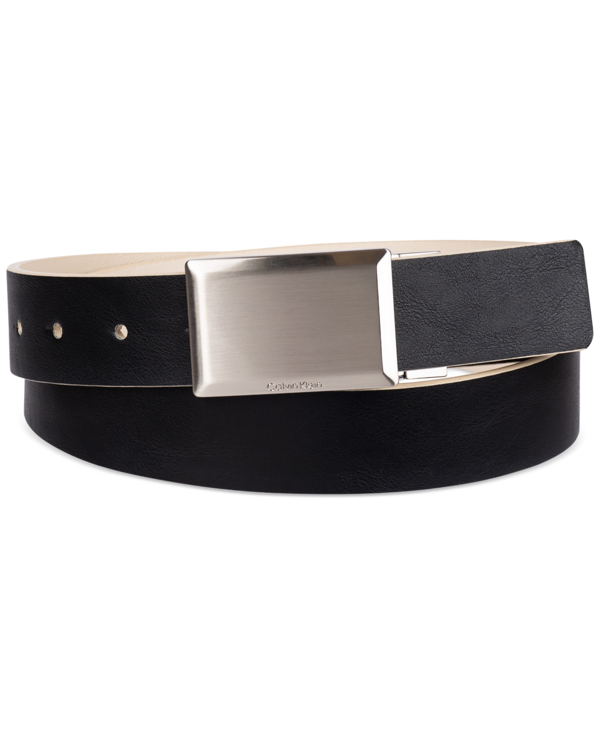 Shop Calvin Klein Men's Plaque Buckle Reversible Leather Belt In Bone,black
