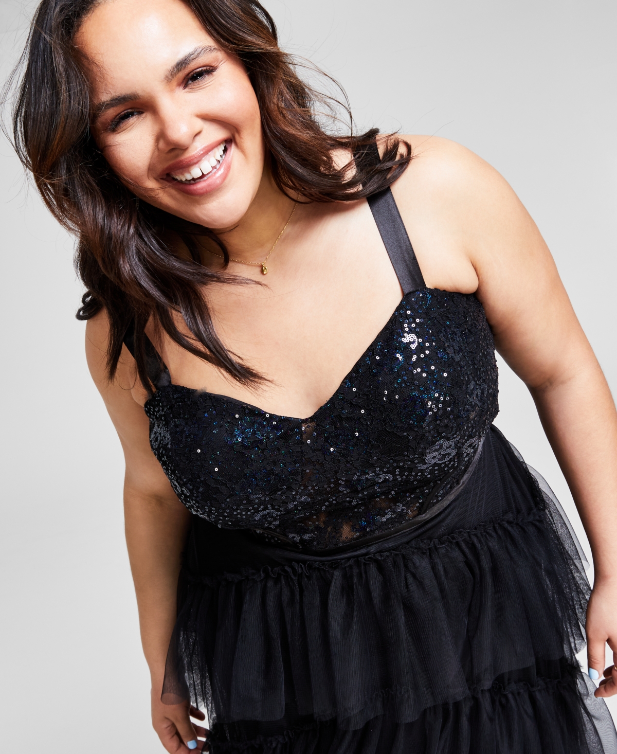 City Studios Plus Size Sequin Tiered Mesh Gown, Created for Macy's