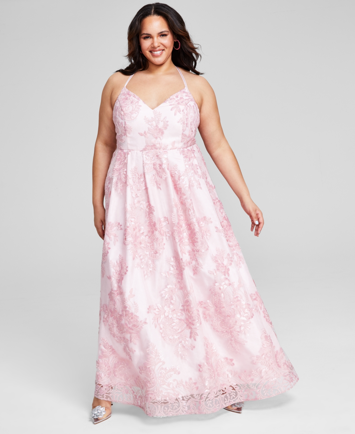 Trendy Plus Size Strappy-Back Embroidered Gown, Created for Macy's - Pink