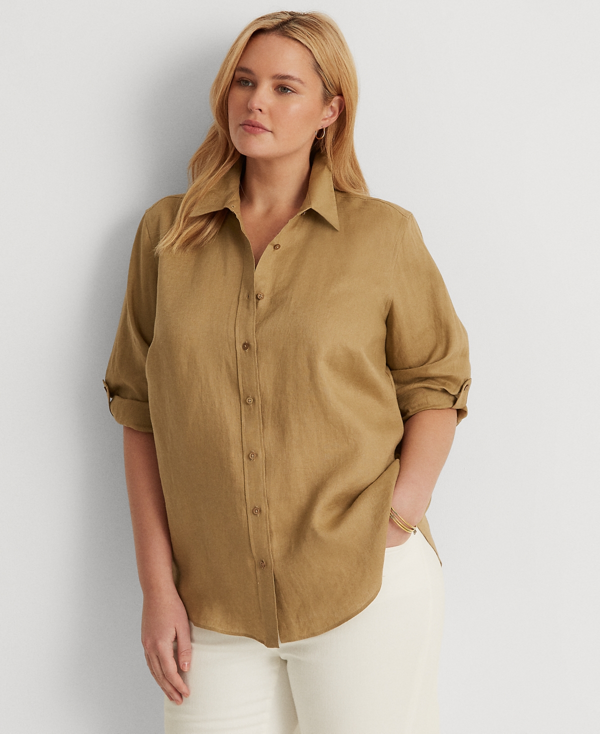 Shop Ralph Lauren Plus Size Linen Roll-tab Sleeve Top In Khaki