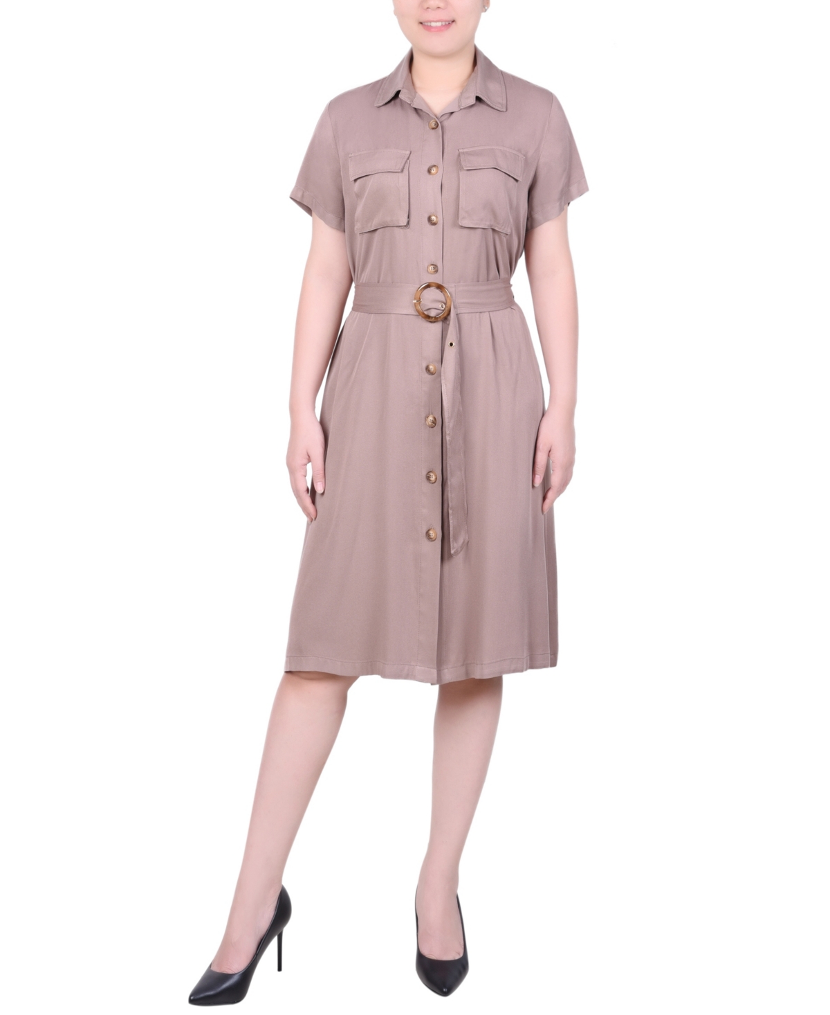 Ny Collection Petite Short Sleeve Belted Utility Style Dress In Portabella