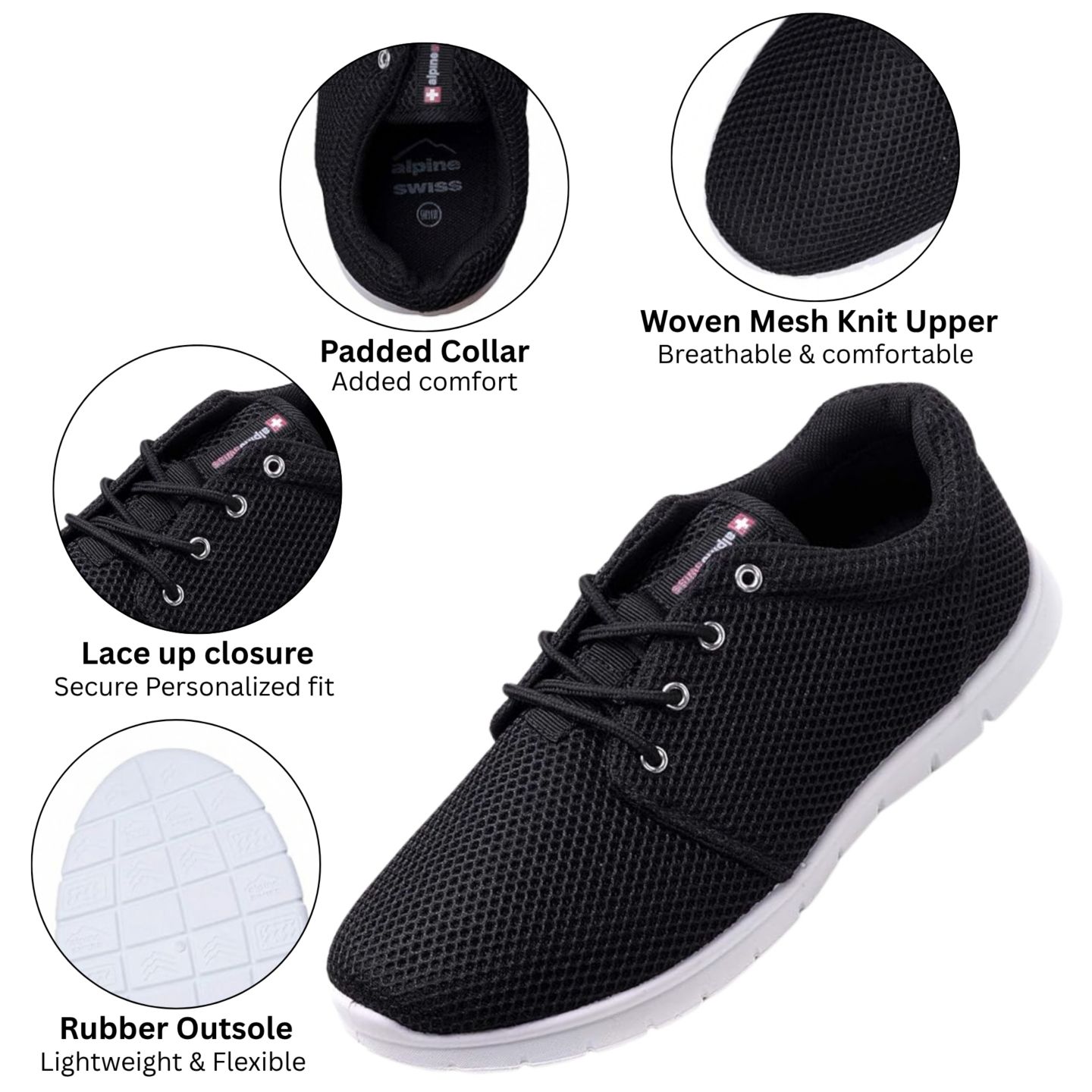 Мужские кроссовки Alpine Swiss Kilian Walking Shoes Breathable Mesh Running Shoes Lightweight Fashion Sneakers Athletic Tennis Trainers, цвет: Чёрный — фото 2