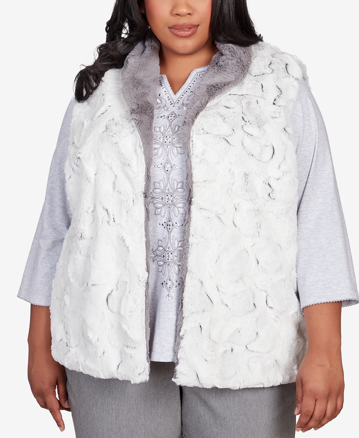 Alfred Dunner Plus Size Point Of View Reversible Collared Faux Fur Vest In Pewter