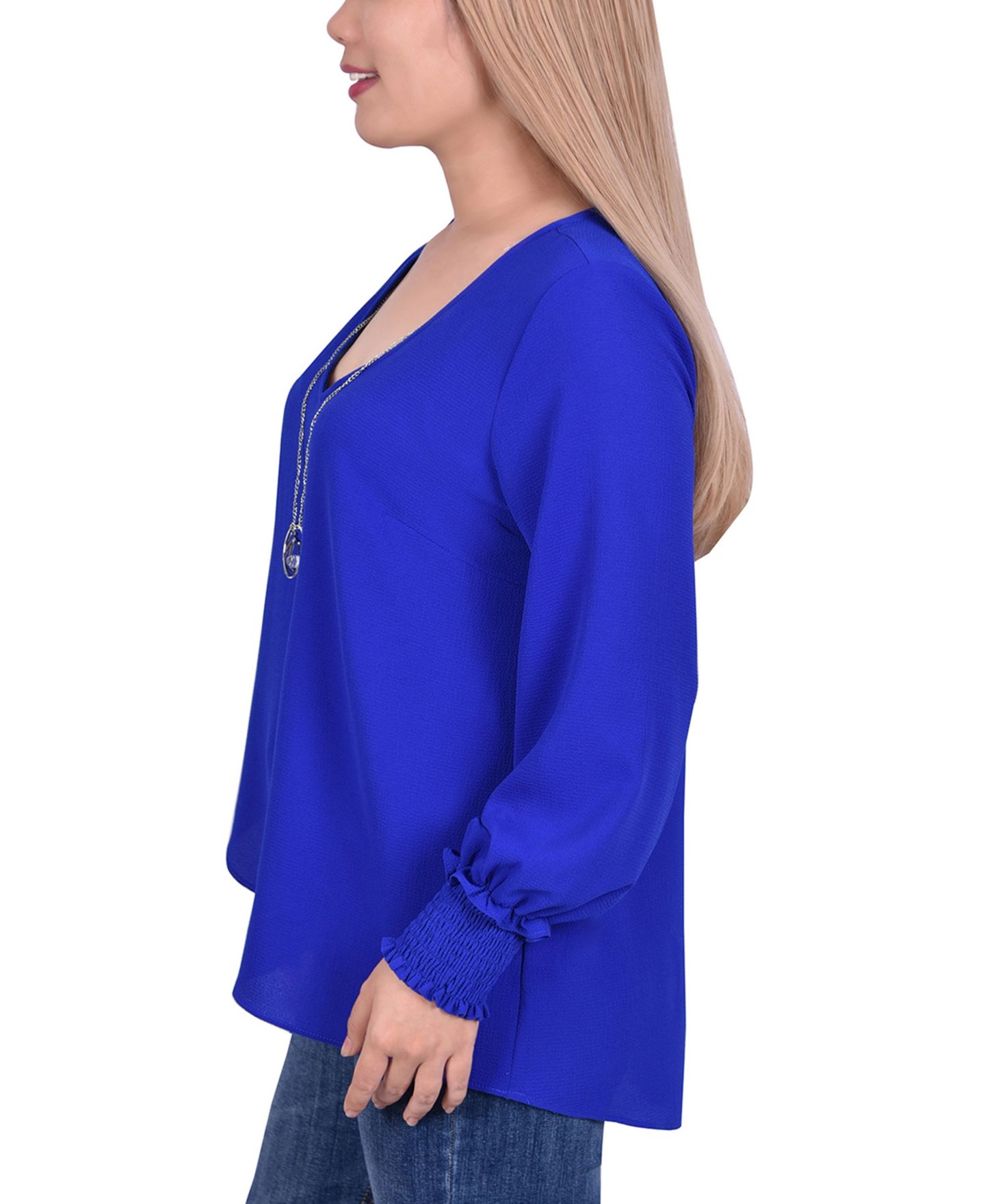 Женская блузка NY Collection Petite Long Sleeve Crepe, цвет: Кобальтовый — фото 3
