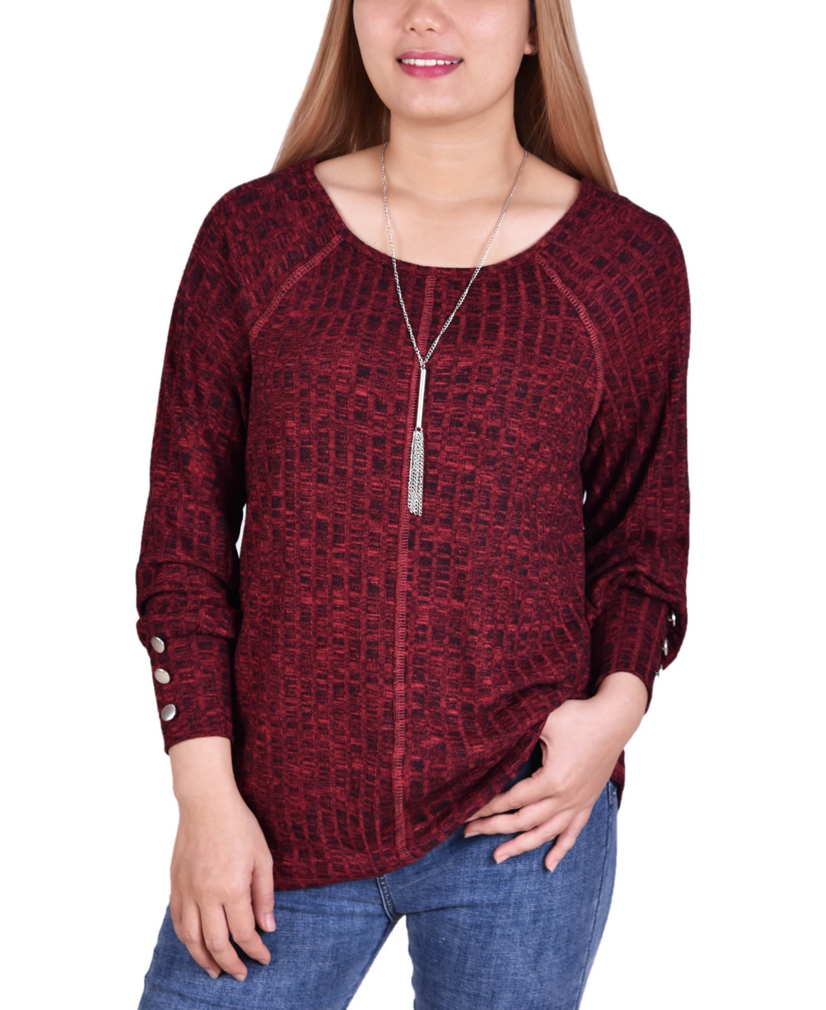 Petite Long Sleeve Knit Top - Burgundy