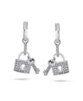 Pave Crystal Lock And Key Charm Dangle Earrings Couples Rhodium Plated Brass