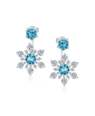 Holiday Party Winter Christmas Blue CZ 2 In 1 Ear Jackets Back Front Snowflake Stud Earrings Sterling Silver