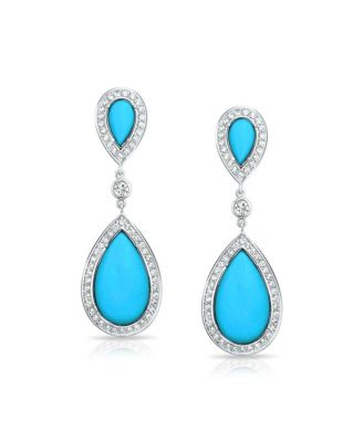 Aqua Blue Pear Shaped CZ Halo Statement Dangle Chandelier Teardrop Earrings Rhodium Plated Brass