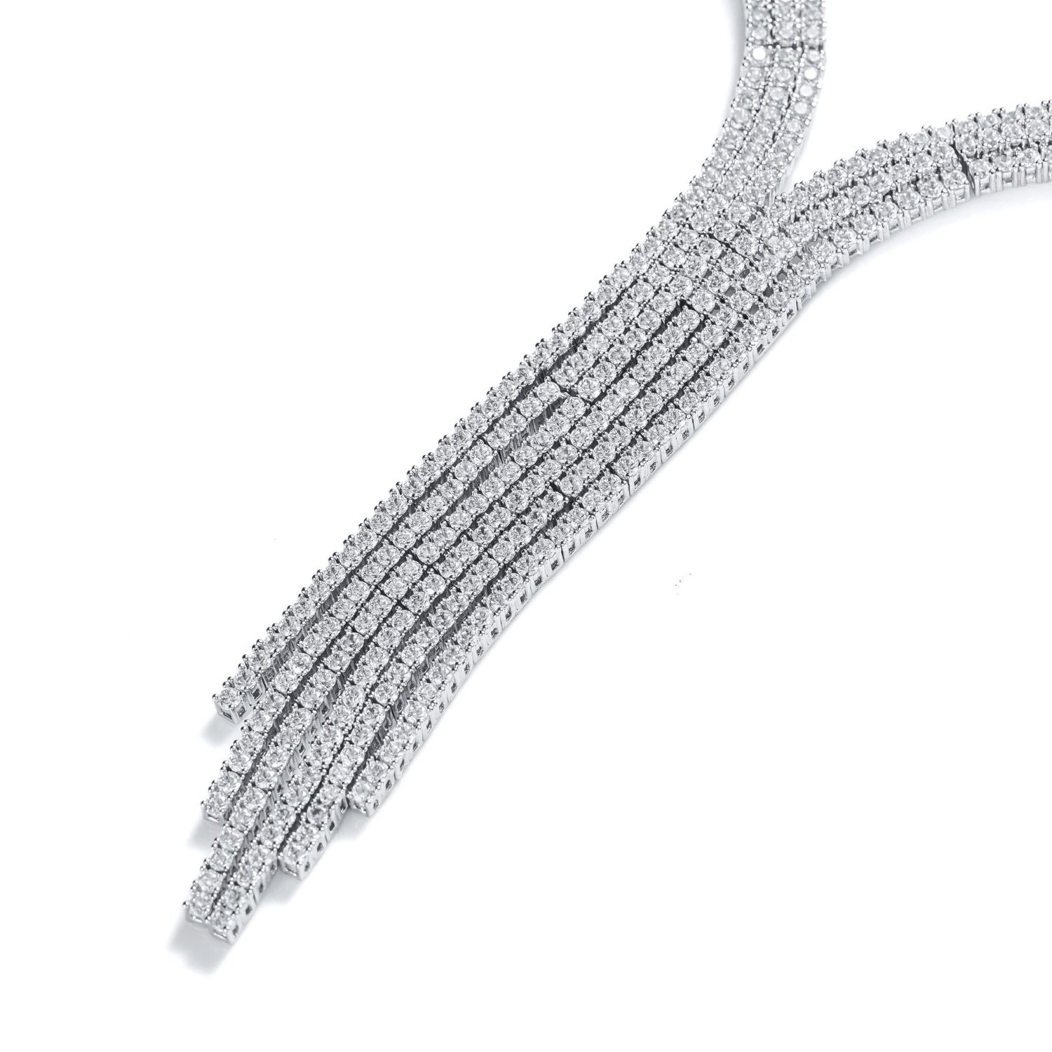 Art Deco Style Y Fringe Tassel Collar Statement Necklace CZ Silver Plated