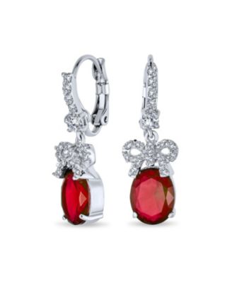 Holiday  Cubic Zirconia CZ Accent Ribbon Bow Oval Drop Chandelier Earrings Silver Plated Lever back