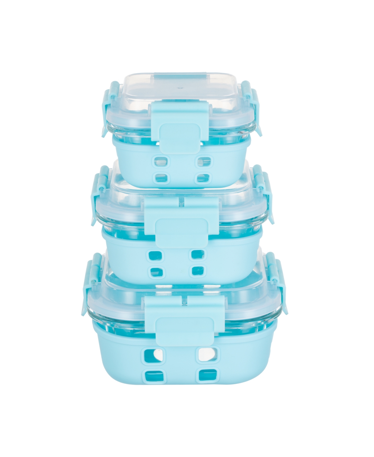 Genicook 3 Pc Square Container Hi-top Lids With Pro Grade Removable Lockdown Levers Silicone Sleeve Set In Aqua Blue
