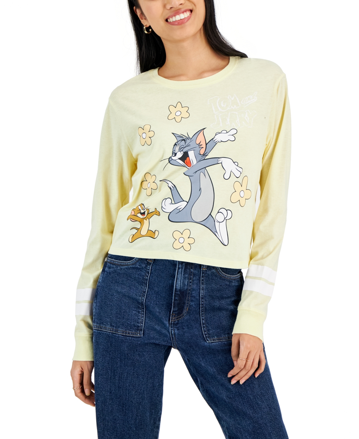 Love Tribe Juniors' Tom & Jerry Graphic Print Long-sleeve T-shirt In Anise Flower