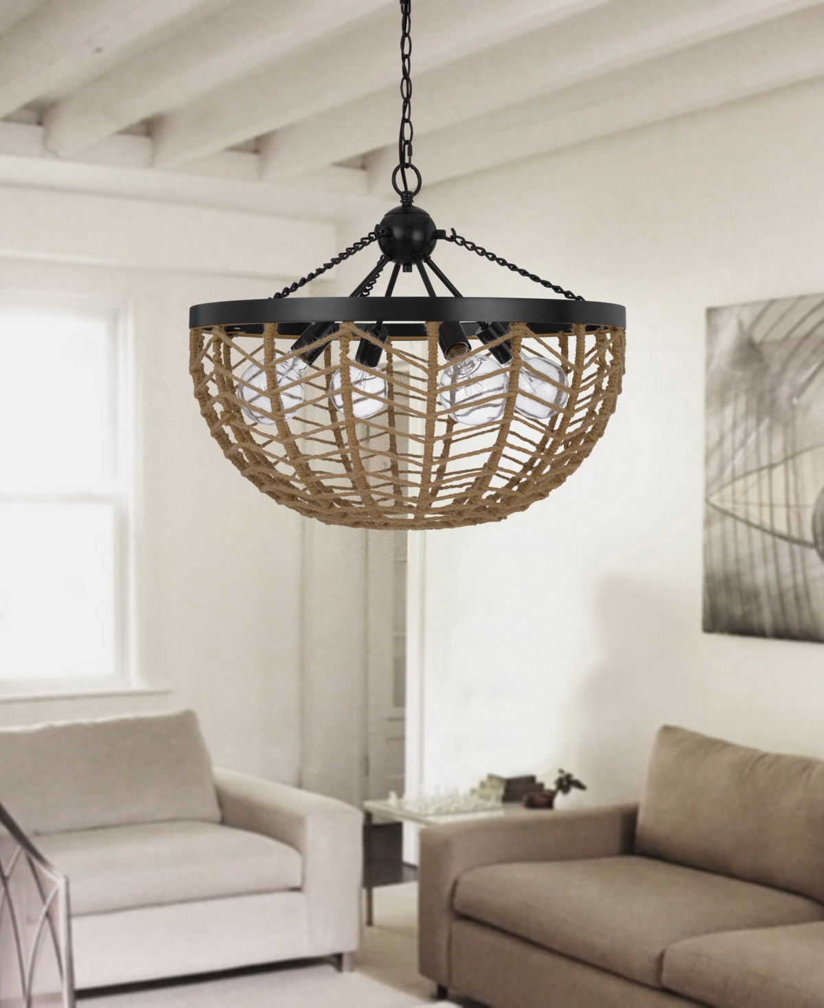 Cal Lighting Lillington 4 Light 20.375" Height Metal Pendant In Burlap,black