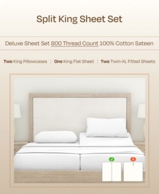 Luxury Bed Sheets Set - 800 Thread Count 100% Cotton Sheets, Deep Pocket, Soft, Cool & Breathable - Split King Size