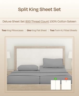 Luxury Bed Sheets Set - 800 Thread Count 100% Cotton Sheets, Deep Pocket, Soft, Cool & Breathable - Split King Size