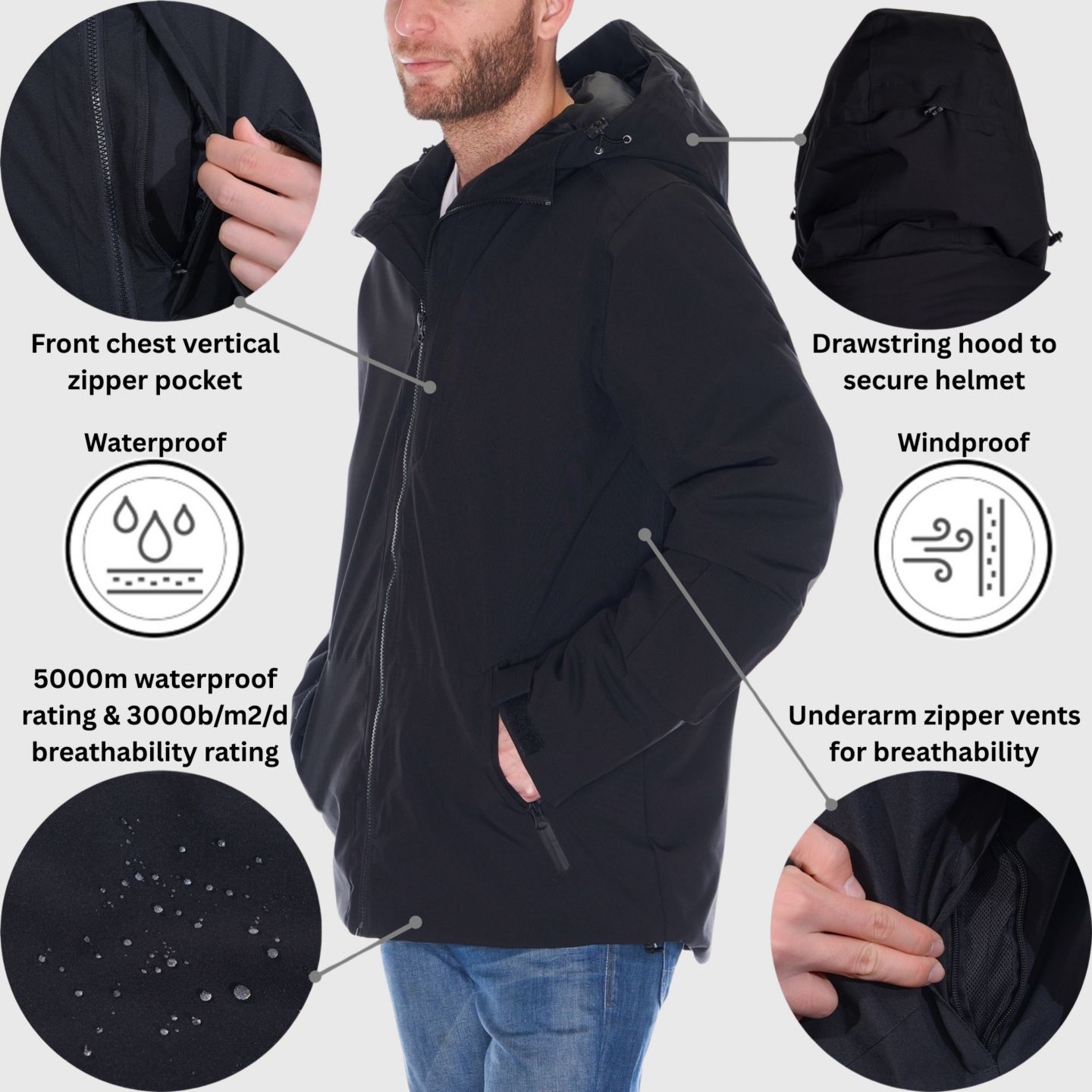 Мужская куртка Alpine Swiss Waterproof Ski Jacket Snowboarding Winter Snow Coat Raincoat, цвет: Чёрный — фото 6