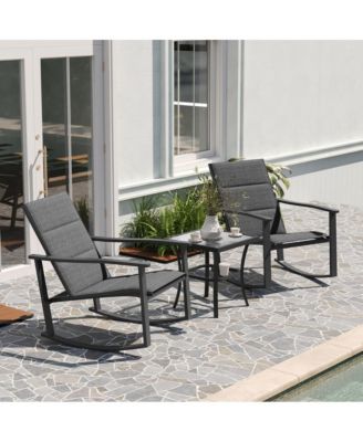 Brevyn 3 Piece Outdoor Bistro Set With Flex Comfort Rocking Chairs And Steel Framed Glass Top Table