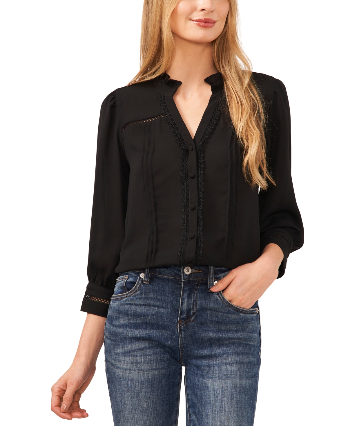 Cece Women's Lace Trimmed Pintuck 3/4-sleeve Button Front Blouse In Rich Black