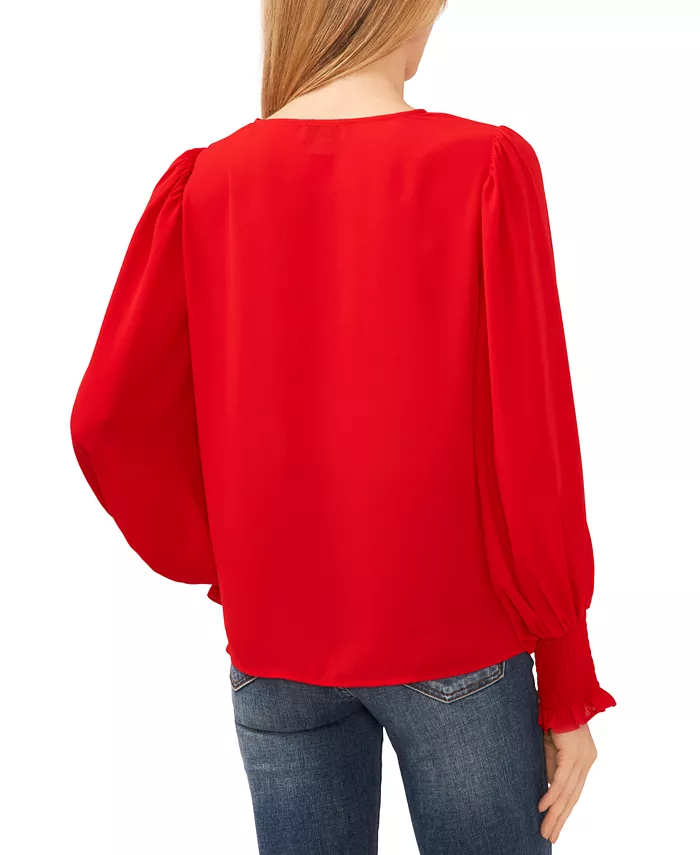 Women's Long-Sleeve Smocked-Cuff V-Neck Blouse - thumbnail 2