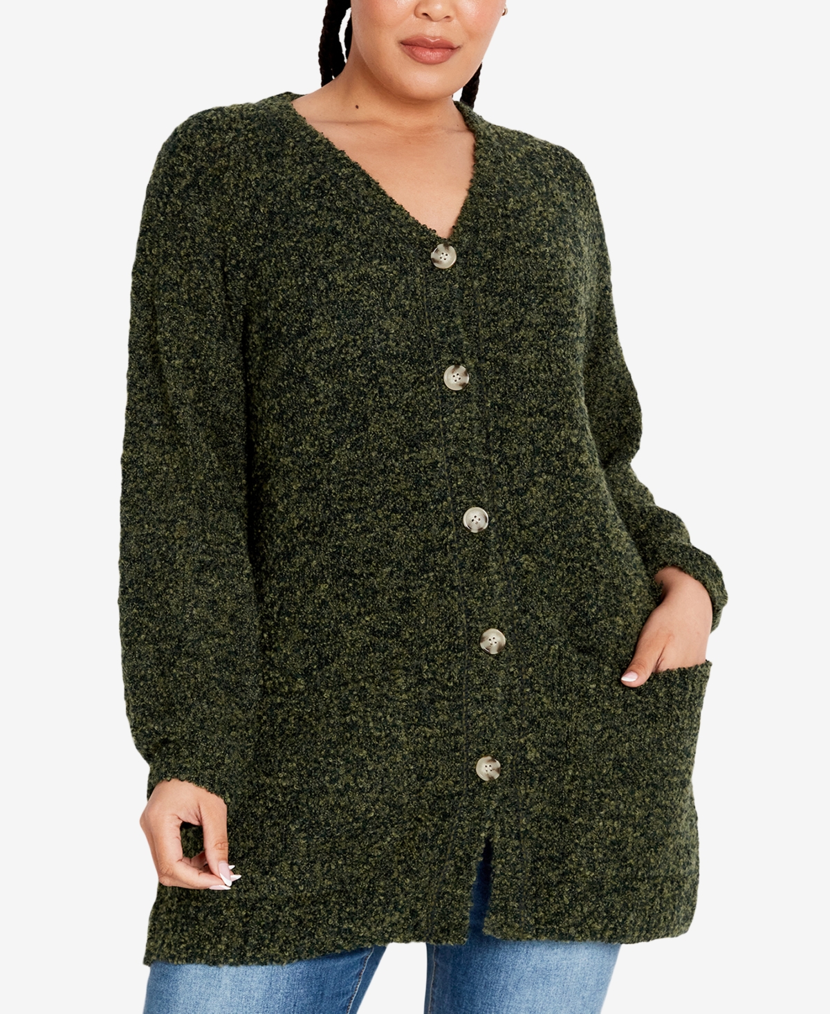Avenue Plus Size Amber Boucle Cardigan Sweater In Green Combo