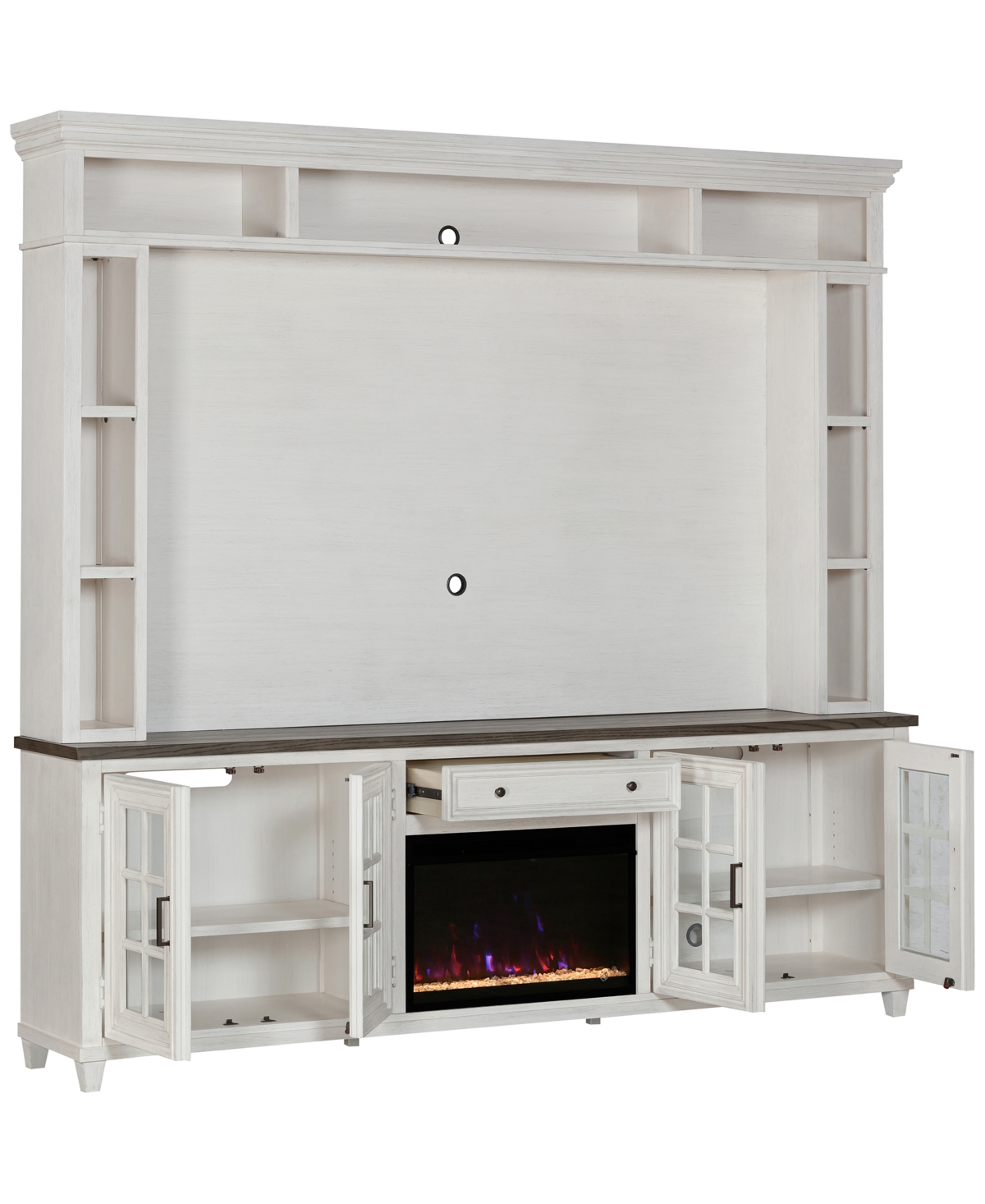 Shop Macy's 96" Dawnwood 3pc Tv Console Set (96" Console, Hutch And Fireplace) In White