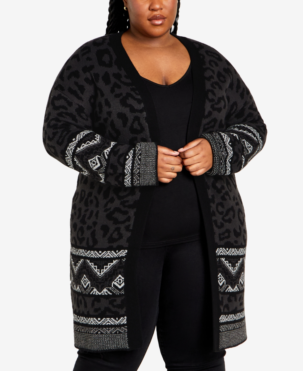 Avenue Plus Size Lori Animal Coatigan Sweater In Charcoal