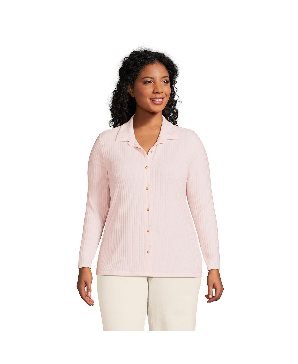 Lands' End Women's Plus Size Long Sleeve Wide Rib Button Front Polo Shirt